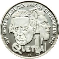 Guatemala coin 1 Quetzal - 100th Anniversary of the birth of Carlos Merida (1992) reverse reverse of 1 Quetzal - 100th Anniversary of the birth of Carlos Merida (1992) coin with KM# 279 from Guatemala. Inscription: 1981 CARLOS MEDIDA CIEN AÑOS DE SU NACIMIENTO 1991 1 QUETZAL NG
