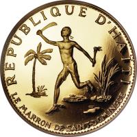 obverse of 200 Gourdes - 10th Anniversary of Revolt of Santo Domingo (1967 - 1970) coin with KM# 70 from Haiti. Inscription: REPUBLIQUE D'HAITI LE MARRON DE SAINT-DOMINGUE