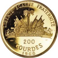 reverse of 200 Gourdes - 10th Anniversary of Revolt of Santo Domingo (1967 - 1970) coin with KM# 70 from Haiti. Inscription: LIBERTE EGALITE FRATERNITE L'UNION FAIT LA FORCE 200 GOURDES 1968