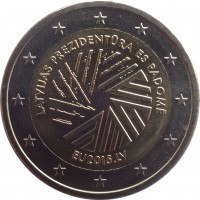 Latvia coin 2 Euro - Latvian Presidency of the Council of the EU (2015) obverse obverse of 2 Euro - Latvian Presidency of the Council of the EU (2015) coin with KM# 173 from Latvia. Inscription: LATVIJAS PREZIDENTŪRA ES PADOMĒ EU2015.LV