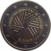 obverse of 2 Euro - Latvian Presidency of the Council of the EU (2015) coin with KM# 173 from Latvia. Inscription: LATVIJAS PREZIDENTŪRA ES PADOMĒ EU2015.LV