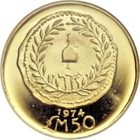 Malta coin 50 Pounds - Elizabeth II - First Maltese Coin (1974) reverse reverse of 50 Pounds - Elizabeth II - First Maltese Coin (1974) coin with KM# 28 from Malta. Inscription: 1974 LM. 50