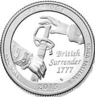 United States coin 1/4 Dollar - America the Beautiful: Saratoga, New York (2015) reverse reverse of 1/4 Dollar - America the Beautiful: Saratoga, New York (2015) coin with KM# 601 from United States. Inscription: BRITISH SURRENDER 1777 SARATOGA NEW YORK 2015 E PLURIBUS UNUM
