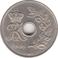 obverse of 25 Øre - Frederik IX (1966 - 1972) coin with KM# 855 from Denmark. Inscription: FR IX 1967 C ♥ S