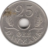 Denmark coin 25 Øre - Frederik IX (1966 - 1972) reverse reverse of 25 Øre - Frederik IX (1966 - 1972) coin with KM# 855 from Denmark. Inscription: DANMARK 25 ØRE