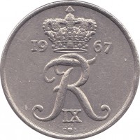 obverse of 10 Øre - Frederik IX (1960 - 1972) coin with KM# 849 from Denmark. Inscription: FR IX 1967 C ♥ S