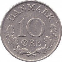 reverse of 10 Øre - Frederik IX (1960 - 1972) coin with KM# 849 from Denmark. Inscription: DANMARK 10 ØRE