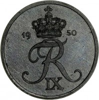 Denmark coin 2 Øre - Frederik IX (1948 - 1972) obverse obverse of 2 Øre - Frederik IX (1948 - 1972) coin with KM# 840 from Denmark. Inscription: FR IX 1959