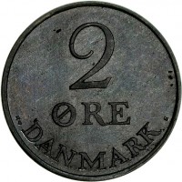 Denmark coin 2 Øre - Frederik IX (1948 - 1972) reverse reverse of 2 Øre - Frederik IX (1948 - 1972) coin with KM# 840 from Denmark. Inscription: DANMARK 2 ØRE
