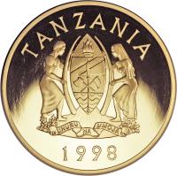obverse of 50000 Shillings - Serengeti wildlife (1998) coin with KM# 58 from Tanzania. Inscription: TANZANIA 1998