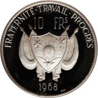 Niger coin 10 Francs - Lion - Essai (1968) obverse obverse of 10 Francs - Lion - Essai (1968) coin with KM# E8 from Niger. Inscription: FRATERNITE - TRAVAIL - PROGRES 10 FRs 1968 ESSAI