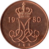 obverse of 5 Øre - Margrethe II (1973 - 1988) coin with KM# 859 from Denmark. Inscription: M 2 R 1983 R ♥ B