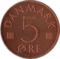 Denmark coin 5 Øre - Margrethe II (1973 - 1988) reverse reverse of 5 Øre - Margrethe II (1973 - 1988) coin with KM# 859 from Denmark. Inscription: DANMARK 5 ØRE