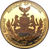 obverse of 25 Pounds - 2nd Anniversary of Independence (1969) coin with KM# 11 from Biafra. Inscription: REPUBLIC OF BIAFRA 1969 SECOND ANNIVERSARY OF INDEPENDENCE
