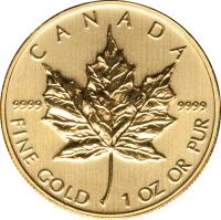 Canada coin 50 Dollars - Elizabeth II - 4'th Portrait (2004 - 2011) reverse reverse of 50 Dollars - Elizabeth II - 4'th Portrait (2004 - 2011) coin from Canada. Inscription: CANADA 9999 9999 FINE GOLD 1 OZ OR PUR