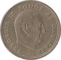 obverse of 1 Krone - Frederik IX (1960 - 1972) coin with KM# 851 from Denmark. Inscription: FREDERIK IX KONGE AF DANMARK C ♥ S
