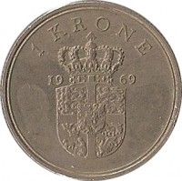 reverse of 1 Krone - Frederik IX (1960 - 1972) coin with KM# 851 from Denmark. Inscription: 1 KRONE 1965