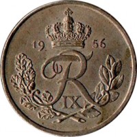 obverse of 25 Øre - Frederik IX (1948 - 1960) coin with KM# 842 from Denmark. Inscription: FR IX 1951