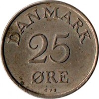 reverse of 25 Øre - Frederik IX (1948 - 1960) coin with KM# 842 from Denmark. Inscription: DANMARK 25 ØRE N ♥ S
