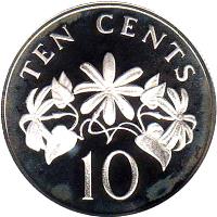 reverse of 10 Cents (1985 - 1991) coin with KM# 51a from Singapore. Inscription: TEN CENTS 10