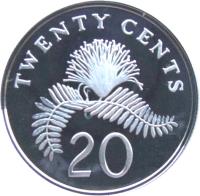 reverse of 20 Cents (1985 - 1991) coin with KM# 52a from Singapore. Inscription: TWENTY CENTS 20