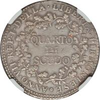 Italian States coin 1/4 Scudo (1798) reverse reverse of 1/4 Scudo (1798) coin with C# 1 from Italian States. Inscription: QUARTO DI SCUDO ANNO · VII · REP · I · DELLA · LIBERTA · PIEMONTESE