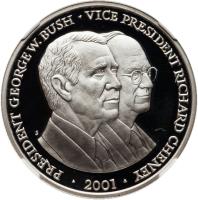 Liberia coin 20 Dollars - Inauguration of George W. Bush and Richard Cheney (2001) reverse reverse of 20 Dollars - Inauguration of George W. Bush and Richard Cheney (2001) coin with KM# 514 from Liberia. Inscription: PRESIDENT GEORGE W. BUSH · VICE PRESIDENT RICHARD CHENEY · 2001 · S