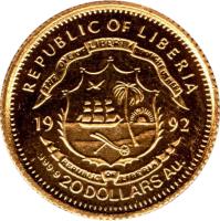 Liberia coin 20 Dollars - Michael Schumacher (1992) obverse obverse of 20 Dollars - Michael Schumacher (1992) coin with KM# 816 from Liberia. Inscription: REPUBLIC OF LIBERIA THE LOVE OF LIBERTY BROUGHT US HERE 19 92 REPUBLIC OF LIBERIA 20 DOLLARS 999.9 Au.