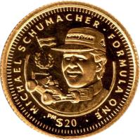 Liberia coin 20 Dollars - Michael Schumacher (1992) reverse reverse of 20 Dollars - Michael Schumacher (1992) coin with KM# 816 from Liberia. Inscription: · MICHAEL SCHUMACHER · FORMULA ONE · $20 PM