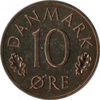 reverse of 10 Øre - Margrethe II (1973 - 1988) coin with KM# 860 from Denmark. Inscription: DANMARK 10 ØRE