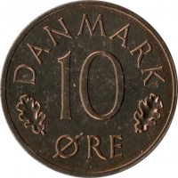 Denmark coin 10 Øre - Margrethe II (1973 - 1988) reverse reverse of 10 Øre - Margrethe II (1973 - 1988) coin with KM# 860 from Denmark. Inscription: DANMARK 10 ØRE