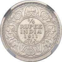 India coin 1/4 Rupee - George V (1911) reverse reverse of 1/4 Rupee - George V (1911) coin with KM# 517 from India. Inscription: 1/4 RUPEE INDIA 1911 چار آنہ
