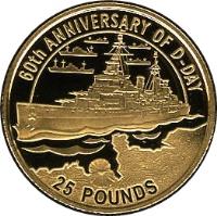 Alderney coin 25 Pounds - Elizabeth II - 60th Anniversary of the D-Day (2004) reverse reverse of 25 Pounds - Elizabeth II - 60th Anniversary of the D-Day (2004) coin with KM# 39 from Alderney. Inscription: 60th ANNIVERSARY OF D-DAY 25 POUNDS