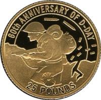 reverse of 25 Pounds - Elizabeth II - 60th Anniversary of the D-Day (2004) coin with KM# 152 from Guernsey. Inscription: 60th ANNIVERSARY OF D-DAY 25 POUNDS