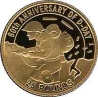 Guernsey coin 25 Pounds - Elizabeth II - 60th Anniversary of the D-Day (2004) reverse reverse of 25 Pounds - Elizabeth II - 60th Anniversary of the D-Day (2004) coin with KM# 152 from Guernsey. Inscription: 60th ANNIVERSARY OF D-DAY 25 POUNDS