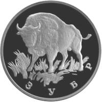 Russia coin 1 Rouble - Red Data Book: Aurochs (Bison) (1997) reverse reverse of 1 Rouble - Red Data Book: Aurochs (Bison) (1997) coin with Y# 613 from Russia. Inscription: ЗУБР