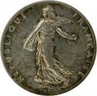 obverse of 2 Francs (1898 - 1920) coin with KM# 845 from France. Inscription: REPUBLIQUE FRANÇAISE