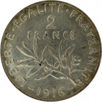 reverse of 2 Francs (1898 - 1920) coin with KM# 845 from France. Inscription: LIBERTE · EGALITE · FRATERNITE 2 FRANCS 1918