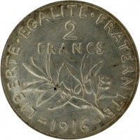 France coin 2 Francs (1898 - 1920) reverse reverse of 2 Francs (1898 - 1920) coin with KM# 845 from France. Inscription: LIBERTE · EGALITE · FRATERNITE 2 FRANCS 1918
