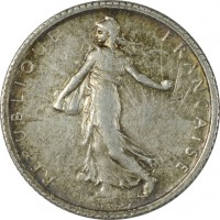 obverse of 1 Franc (1898 - 1920) coin with KM# 844 from France. Inscription: REPUBLIQUE FRANÇAISE O. ROTY