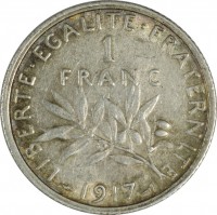 reverse of 1 Franc (1898 - 1920) coin with KM# 844 from France. Inscription: LIBERTE · EGALITE · FRATERNITE 1 FRANC 1917