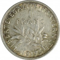 France coin 1 Franc (1898 - 1920) reverse reverse of 1 Franc (1898 - 1920) coin with KM# 844 from France. Inscription: LIBERTE · EGALITE · FRATERNITE 1 FRANC 1917