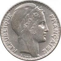 obverse of 10 Francs (1929 - 1939) coin with KM# 878 from France. Inscription: REPUBLIQUE FRANCAISE P.TURIN