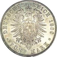 German States coin 5 Mark - Otto (1888) reverse reverse of 5 Mark - Otto (1888) coin with KM# 907 from German States. Inscription: DEUTSCHES REICH 1888 * FÜNF MARK *