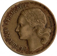 obverse of 10 Francs (1950 - 1959) coin with KM# 915 from France. Inscription: REPUBLIQUE FRANÇAISE G GUIRAUD