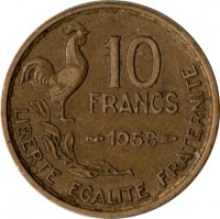 France coin 10 Francs (1950 - 1959) reverse reverse of 10 Francs (1950 - 1959) coin with KM# 915 from France. Inscription: 10 FRANCS 1952 LIBERTE EGALITE FRATERNITE