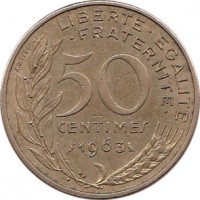 reverse of 50 Centimes (1962 - 1964) coin with KM# 939 from France. Inscription: LIBERTE · EGALITE · FRATERNITE · 50 CENTIMES 1964