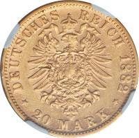 reverse of 20 Mark - Georg II (1882) coin with KM# 185 from German States. Inscription: DEUTSCHES REICH 1882 * 20 MARK *