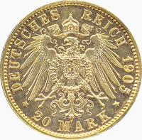 reverse of 20 Mark - Georg II (1900 - 1905) coin with KM# 195 from German States. Inscription: DEUTSCHES REICH 1905 * 20 MARK *