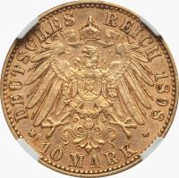 reverse of 10 Mark - Albert (1891 - 1902) coin with KM# 1247 from German States. Inscription: DEUTSCHES REICH 1898 * 10 MARK *